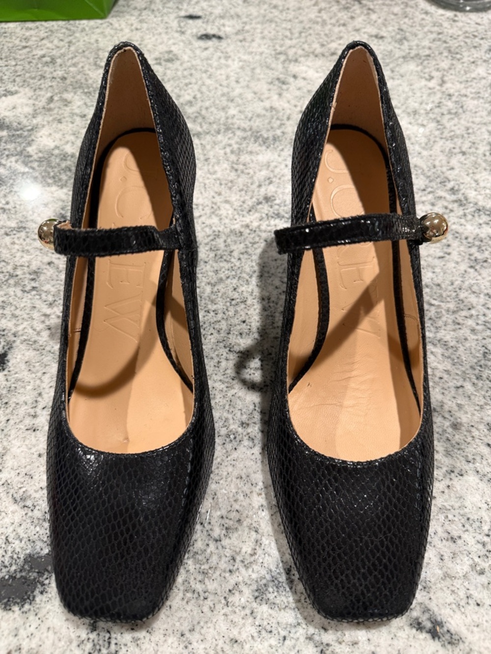 J. Crew Black Textured Mary Jane Heels with Strap and Gold Button detail